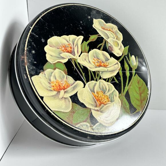 Vintage Round Cookie Tin Black with White Roses Magnolia Flowers 6" - Picture 1 of 6